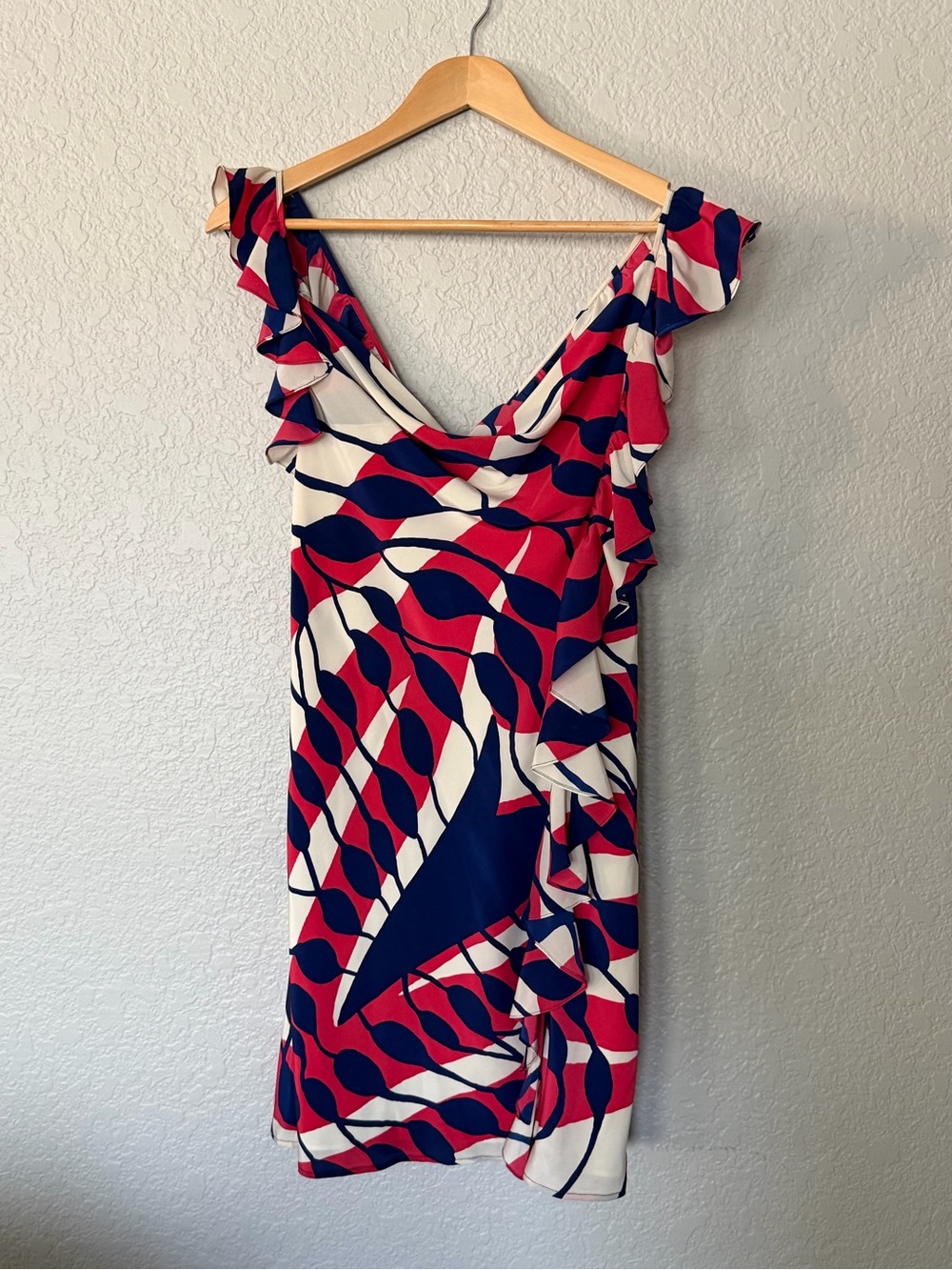 Ali Ro Red, Navy & White Ruffle-Trim Mini Silk Dress